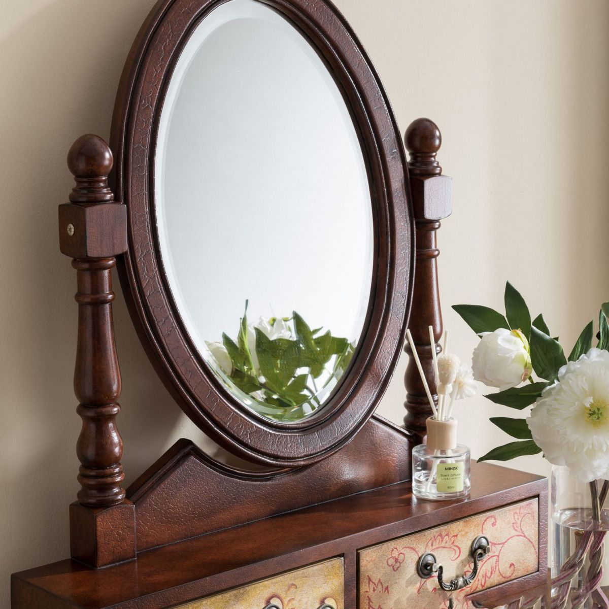 Victorian Wood Vanity e sgabello da toeletta con cassetti di stoccaggio
