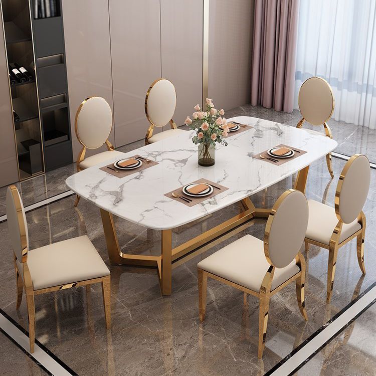 Rectangle Trestle Base Dining Table Glam Style Stone Kitchen Desk Clearhalo 'Dining Tables & Seating' 'Dining Tables' 'dining_table' 'furn' 'furn_dining_table' 'Furniture' 'Kitchen & Dining Furniture' 1200x1200_2cc18c77-8a21-4f7b-a296-f89486f22889