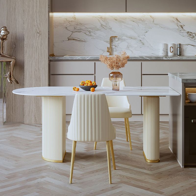 フリーフォームホワイトダイニングテーブル焼結ストーンテーブル二重台座の贅沢