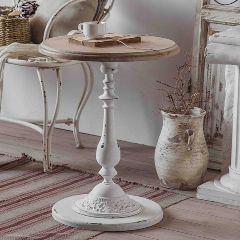 Rustic Wooden Round Top Side Table Metal Pedestal End Table - Distressed Surface Treatment