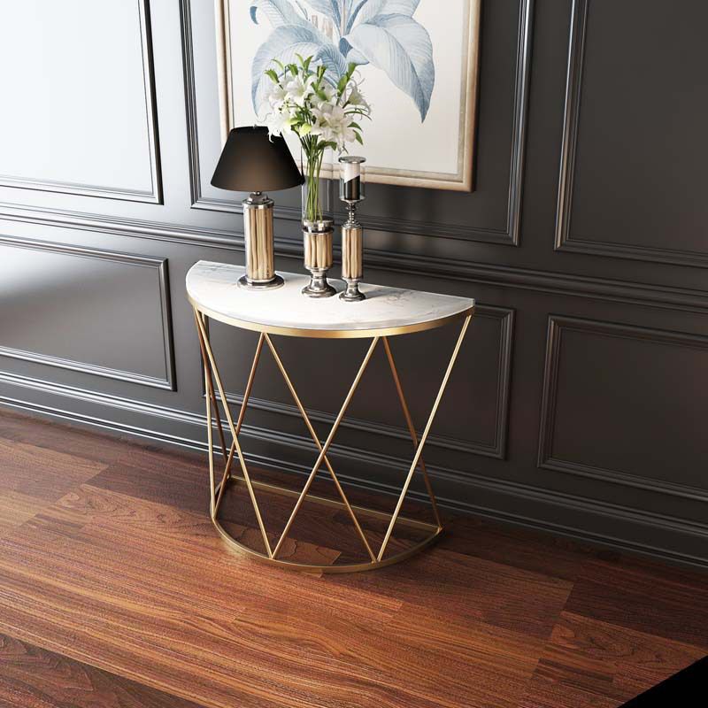 Glam Marble Console Sofa Table Half Moon Iron Accent Table for Hall