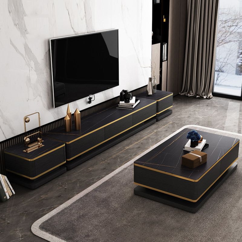 4つの固体木材の引き出しと石の上の長方形のカクテルテーブル