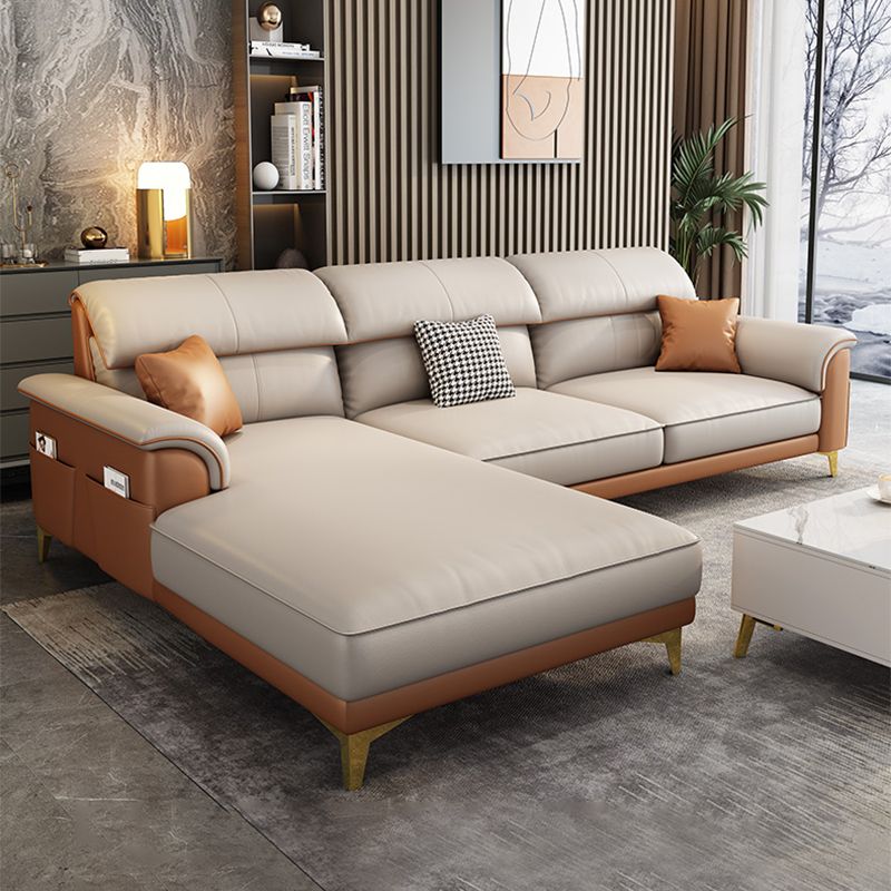 Modern Faux Leather Beige Sofa with Pillow Top Arm for Living Room Clearhalo 'furn' 'furn_sectionals' 'Furniture' 'furniture_sectionals' 'Living Room Furniture' 'Sectionals' 1200x1200_2ce99727-6255-4f93-a77a-f6a693af84d7