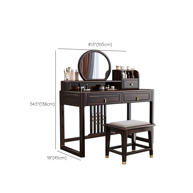 Solid Wood Vanity Set with Stool Set Brown Dresser with 3-Drawer and Mirror