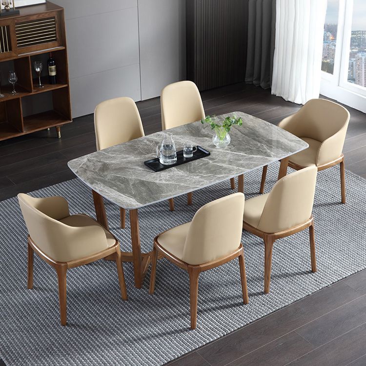 Modern Style Dining Table Sintered Stone Trestle Table with Wooden Base