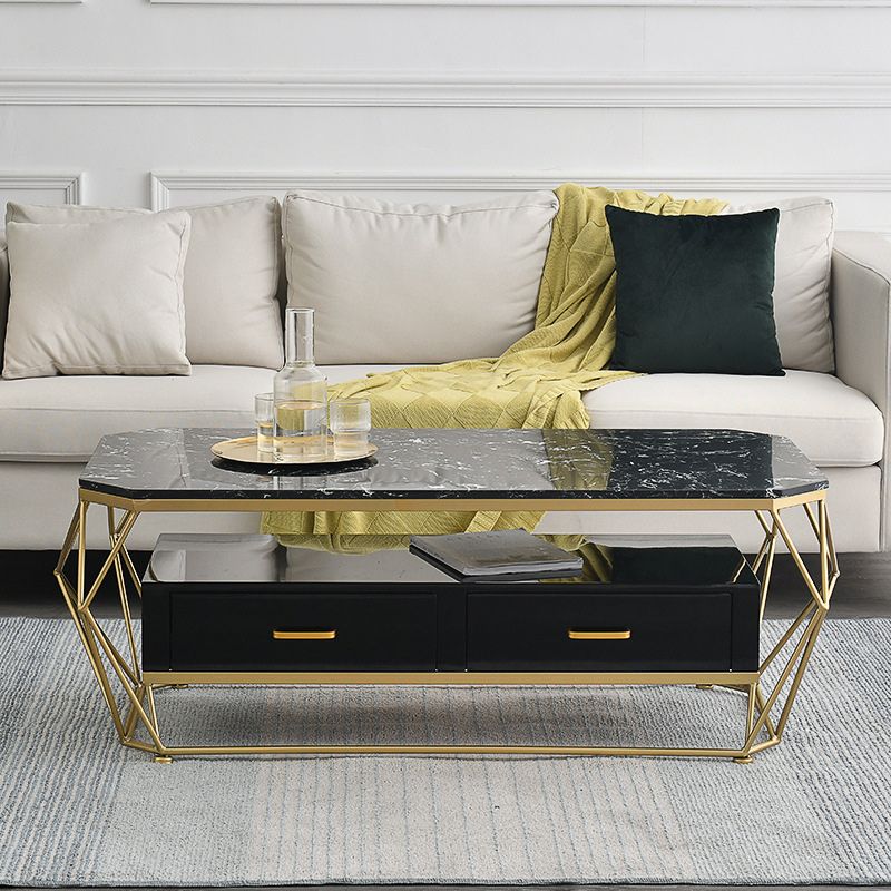Glam Coffee Table with Glass/Marble Top and 2 Drawers and Iron Base Clearhalo 'Coffee & Accent Tables' 'Coffee Tables' 'coffee_tables' 'furn' 'furn_coffee_tables' 'Furniture' 'Living Room Furniture' 1200x1200_2cf978b3-2068-4de6-92d1-986d48e23aa6