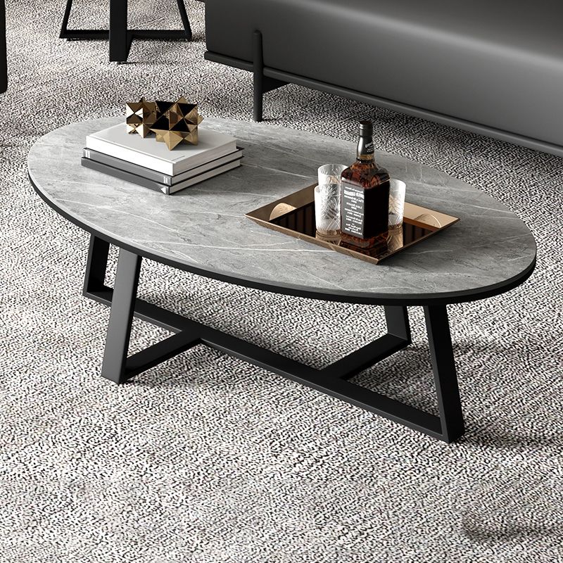 Glam Oval Top Coffee Table with Iron Cross Base and Stone Top Clearhalo 'Coffee & Accent Tables' 'Coffee Tables' 'coffee_tables' 'furn' 'furn_coffee_tables' 'Furniture' 'Living Room Furniture' 1200x1200_2d03f83d-0c58-4fb1-a595-0651274eebf5