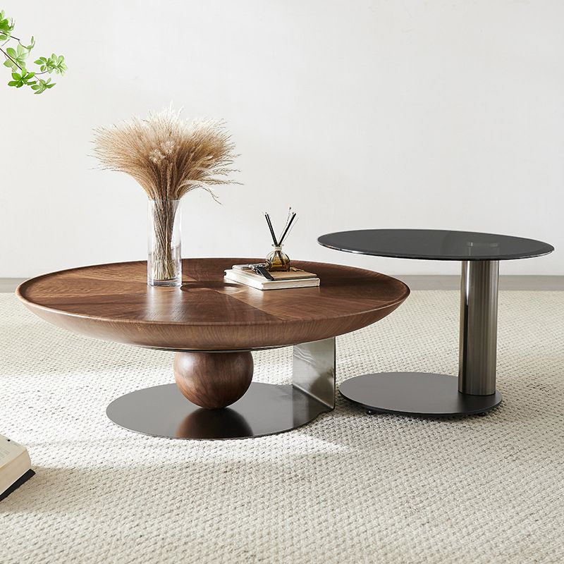 Modern Style Coffee Table with Square Block Base Design Round Glass/wood Table