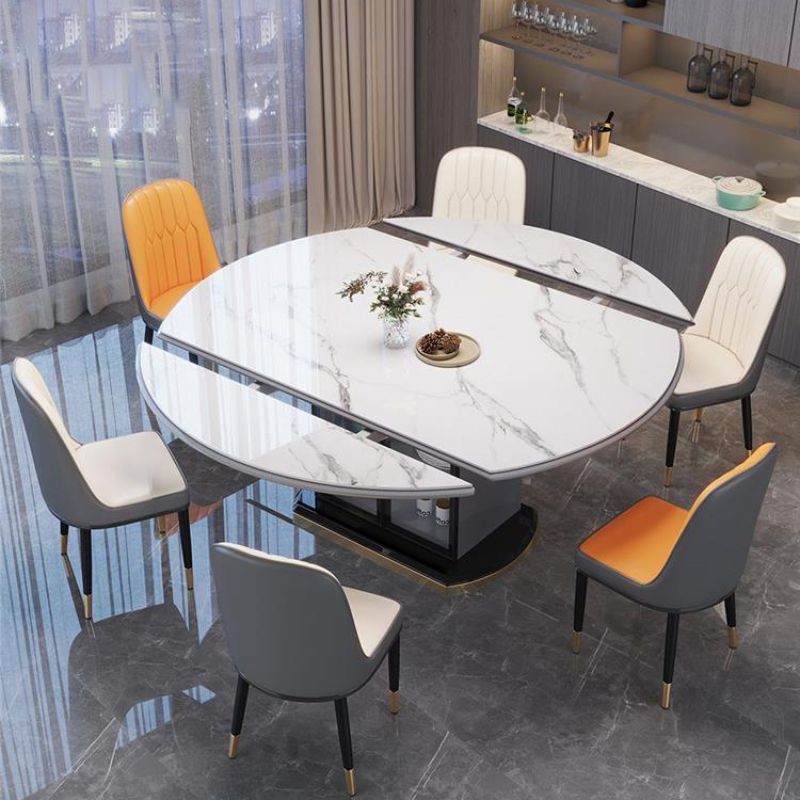 Modern Round Stone Top Dining Table Double Pedestal Metal Base in Grey