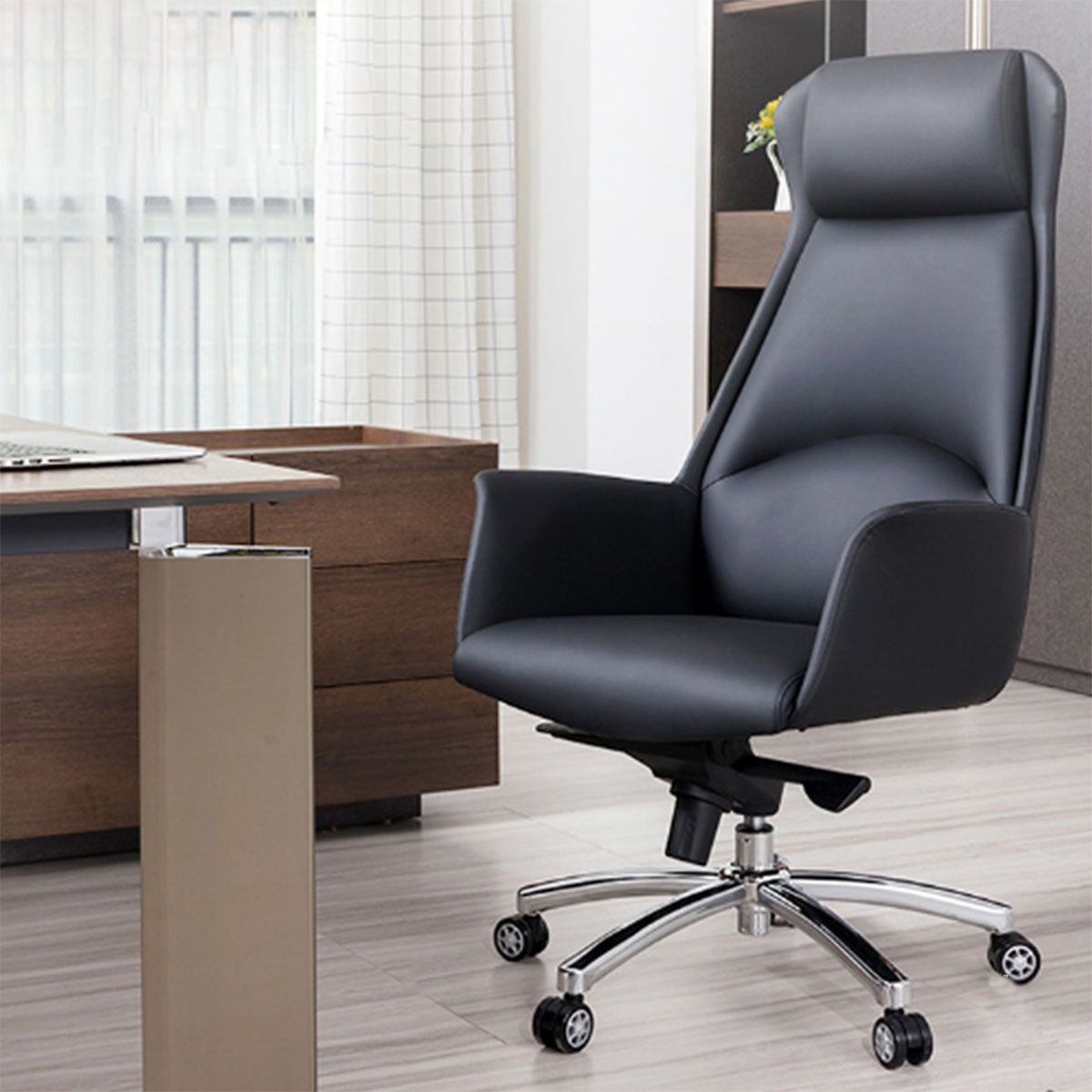 Contemporary Chair Black Leather Adjustable Seat Height Office Chair Clearhalo 'furn' 'furn_office_chair' 'Furniture' 'Office Chairs' 'Office Furniture' 'office_chair' 1200x1200_2d34f9f4-c103-4df2-8490-3b44392295cb