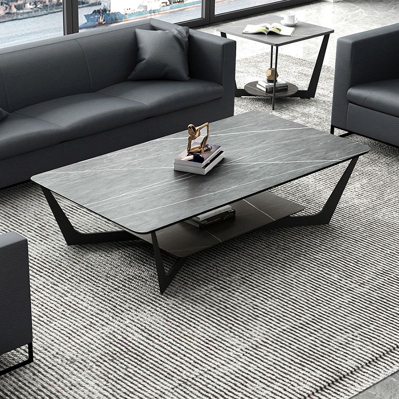 Rectangle Stone Top Cocktail Table with Cross Leg and Storage Shelf