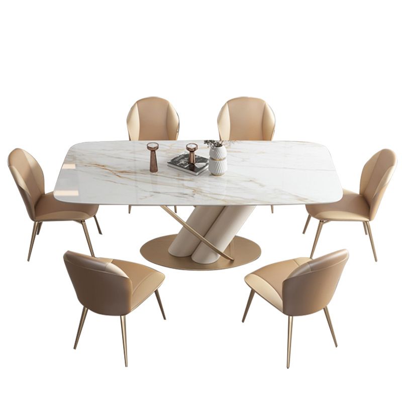 Minimalist Rectangle Dining Set for 4/6 with Glod Chairs Sintered Stone Dining Table with Metal Base Clearhalo 'Dining Room Sets' 'Dining Tables & Seating' 'dining_room_set' 'furn' 'furn_dining_room_set' 'Furniture' 'furniture_dining_room_set' 'Kitchen & Dining Furniture' 'kitchen&dining_furn' 'kitchen' 1200x1200_2da04981-85d2-4a97-8362-9676d26cf53e