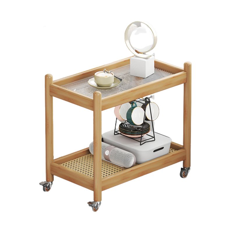 棚と車輪付きの最新の長方形のガラス上端テーブル木材ベースサイドテーブル