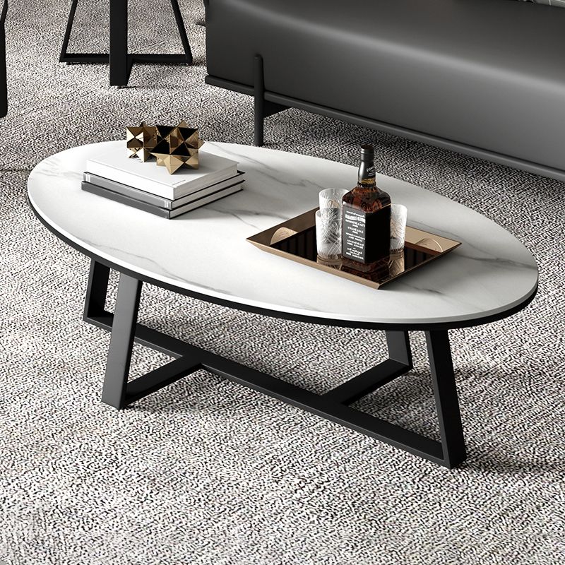 Glam Oval Top Coffee Table with Iron Cross Base and Stone Top Clearhalo 'Coffee & Accent Tables' 'Coffee Tables' 'coffee_tables' 'furn' 'furn_coffee_tables' 'Furniture' 'Living Room Furniture' 1200x1200_2db962b0-0c8d-46d1-9b94-1e4e4993db07