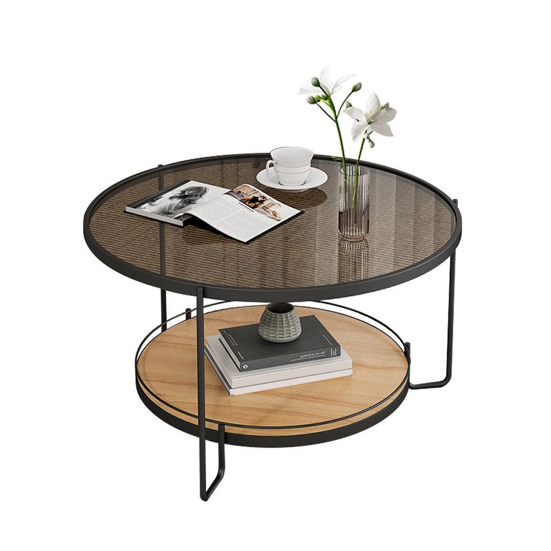 Table basse ronde en verre de 17,7 po de hauteur, table de cocktail à 3 pieds en fer avec étagère