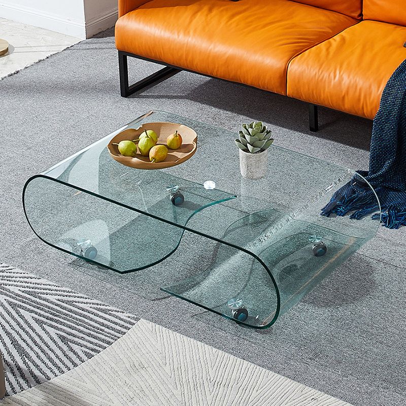 Geometric Glass Coffee Table with Casters Contemporary Shelf Included Cocktail Table Clearhalo 'Coffee & Accent Tables' 'Coffee Tables' 'coffee_tables' 'furn' 'furn_coffee_tables' 'Furniture' 'Living Room Furniture' 1200x1200_2de1772e-6c7f-4c2c-b6e8-9b9185ea00c3