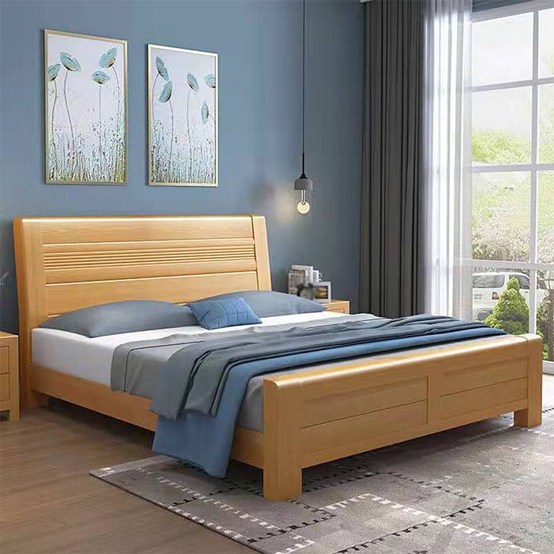 Cama de trineo de madera natural escandinavo con cabecera rectangular