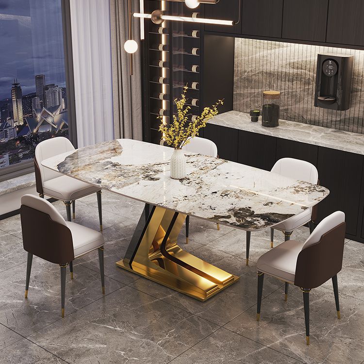 Dining Set of Modern Sintered Stone Table with Gold Metal Base Rectangle Dining Set for Restaurant Clearhalo 'Dining Room Sets' 'Dining Tables & Seating' 'dining_room_set' 'furn' 'furn_dining_room_set' 'Furniture' 'furniture_dining_room_set' 'Kitchen & Dining Furniture' 'kitchen&dining_furn' 'kitchen' 1200x1200_2e30fea3-7591-4312-9947-6da87ea1fd47