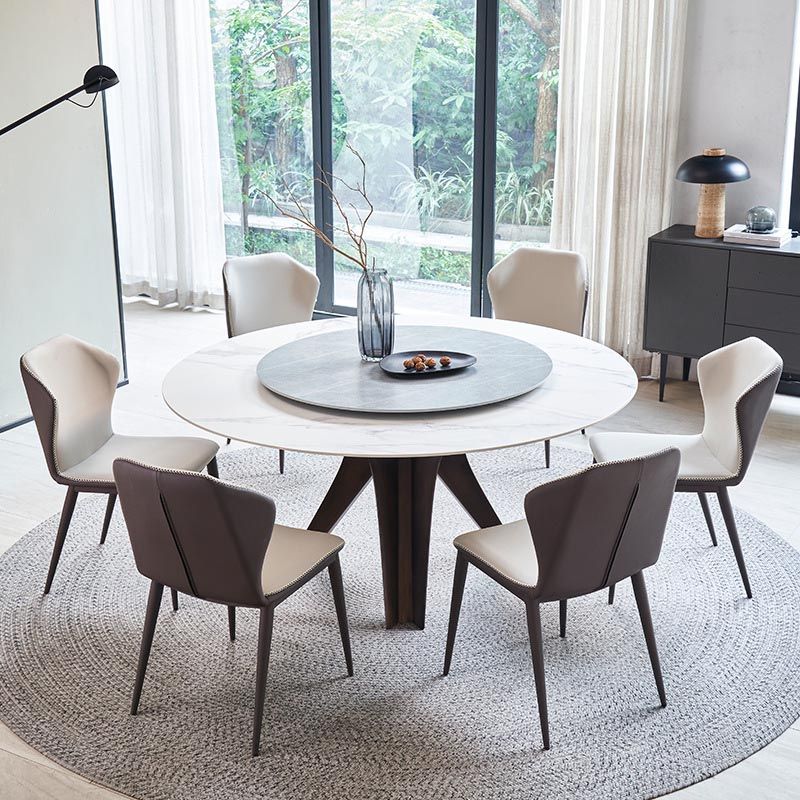 Round Sintered Stone Dining Table Modern Gray Black Turntable Furniture with Pedestal Base