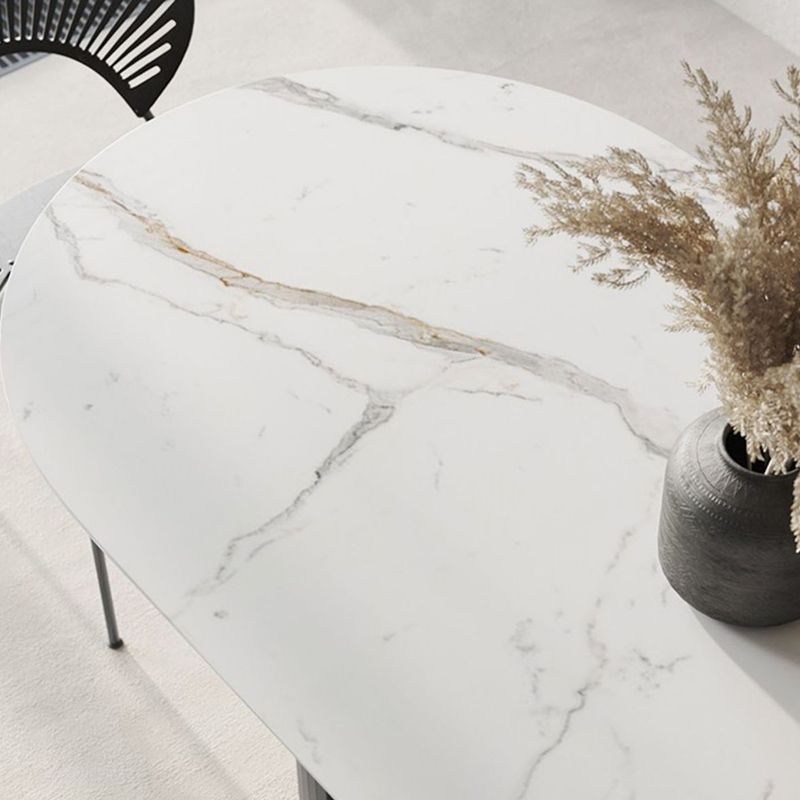 Mesa de comedor ovalada moderna, mesa de pedestal doble de acero negro con tapa de piedra sinterizada