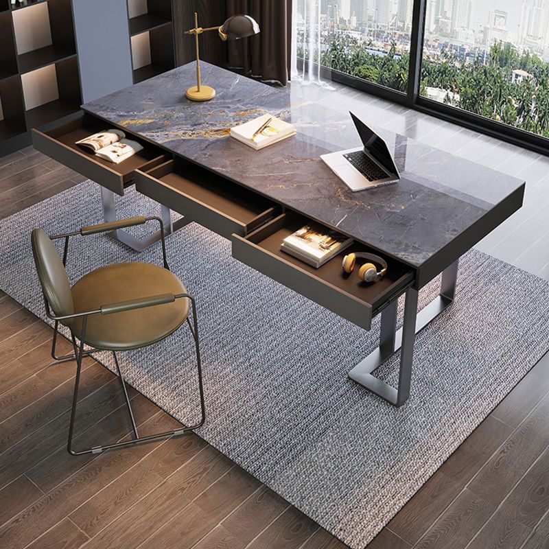 3つの引き出しライティングデスク石石長ステンレス鋼の脚付きオフィスデスク