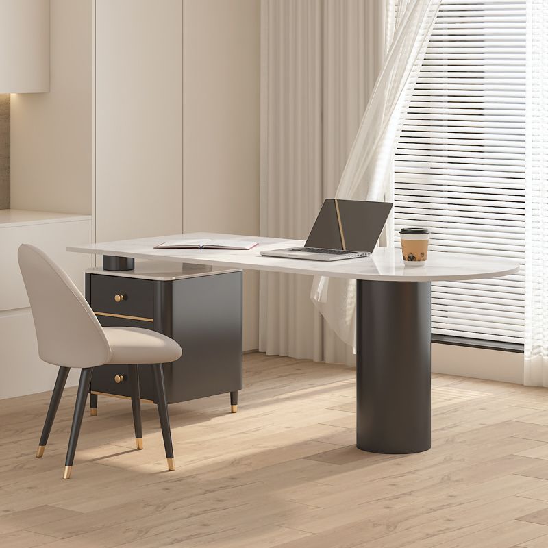 White Pedestal Writing Desk Glam Office Desk with 3 Storage Drawers Clearhalo 'furn' 'furn_office_desk' 'Furniture' 'Office Desks' 'Office Furniture' 'office_desk' 1200x1200_2e75a2ff-0e9c-497f-bbf1-a630d6a53beb