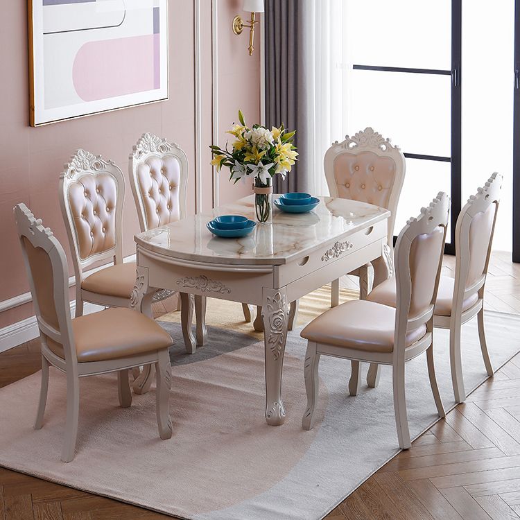 Round Faux Marble 4 Legs Dining Site Table in White with Drop-Leaf Clearhalo 'Dining Tables & Seating' 'Dining Tables' 'dining_table' 'furn' 'furn_dining_table' 'Furniture' 'Kitchen & Dining Furniture' 1200x1200_2e7d3205-82c8-404c-93e0-6af6c16aea99