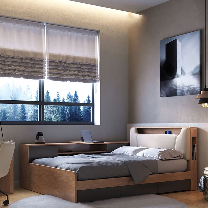 Cama de cabecera tapizada de madera de cama estándar contemporánea