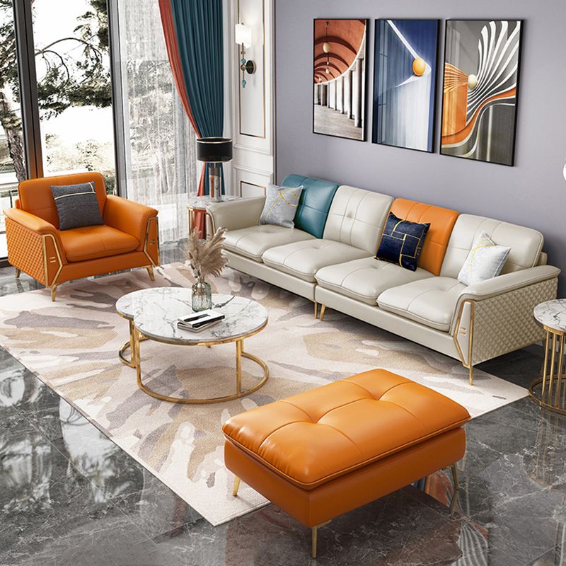 Contemporary Genuine Leather Cushions Sofa 36.61"High Pillow Top Arm Sofa,White Clearhalo 'furn' 'furn_sectionals' 'Furniture' 'furniture_sectionals' 'kitchen' 'kitchen_sectionals' 'Living Room Furniture' 'Sectionals' 1200x1200_2e93a511-1e41-4b5b-980d-2b7c58688a9d