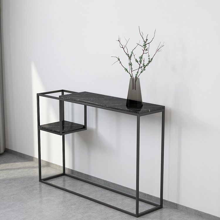 Tabella della console superiore in marmo rettangolo con scaffale di stoccaggio e base di ferro