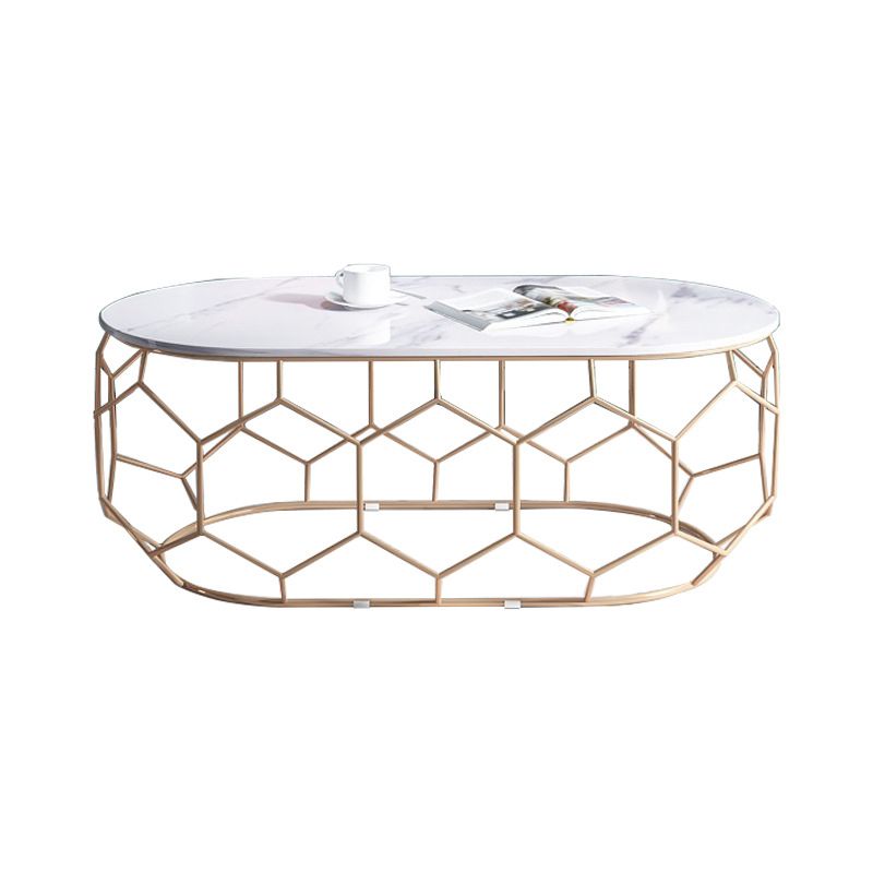 Glam Slate Coffee Table with Iron Frame and Oval Stone Top Cocktail Table