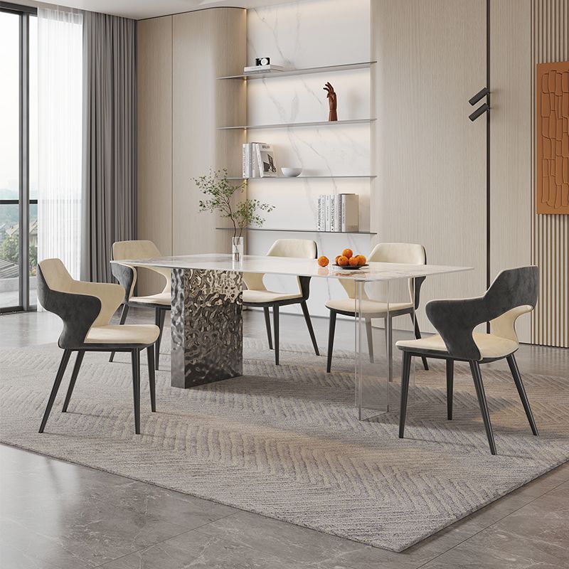 Rectangular Dining Table Grey Stone Table Top Double Pedestal Metal Base Clearhalo 'Dining Tables & Seating' 'Dining Tables' 'dining_table' 'furn' 'furn_dining_table' 'Furniture' 'Kitchen & Dining Furniture' 1200x1200_2ef02bdf-6e94-4083-86aa-81465b7493ab