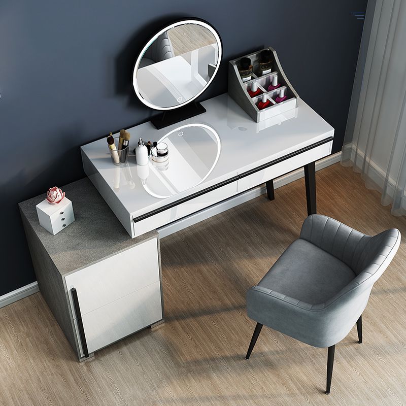 Contemporary Vanity with Padded Stool Engineered Wood Dresser in Glossy Finish