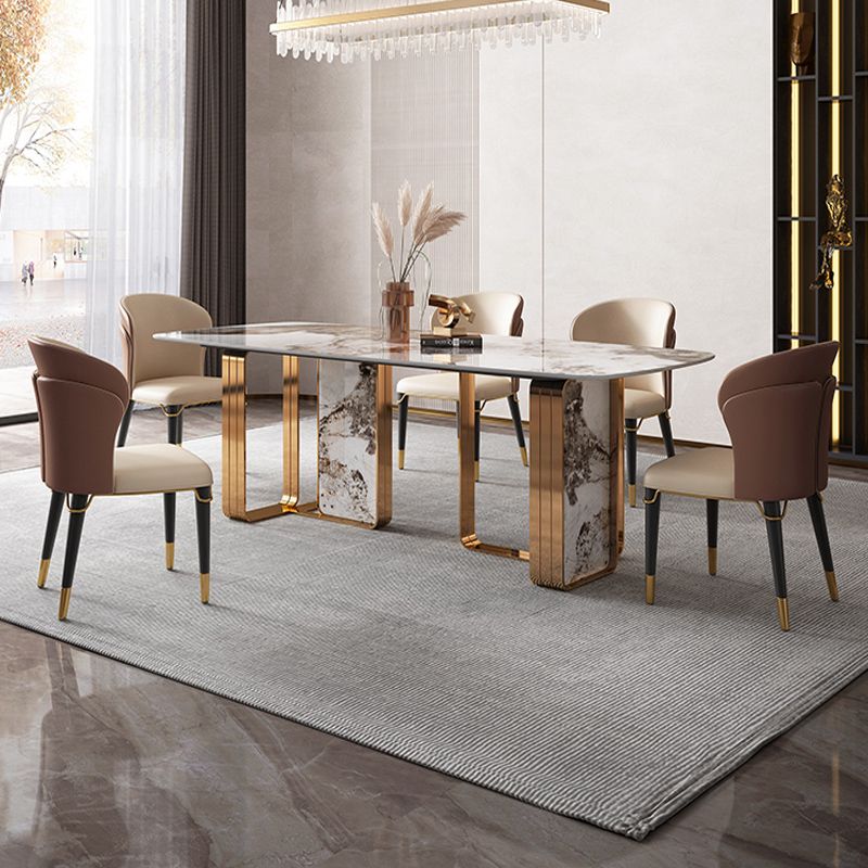 Modern Rectangle Shape Sintered Stone Top Dining Set White Kitchen Dining Set with Double Pedestal Clearhalo 'Dining Room Sets' 'Dining Tables & Seating' 'dining_room_set' 'furn' 'furn_dining_room_set' 'Furniture' 'furniture_dining_room_set' 'Kitchen & Dining Furniture' 'kitchen&dining_furn' 'kitchen' 1200x1200_2f070032-2c81-416d-80a3-f07b815c25ff