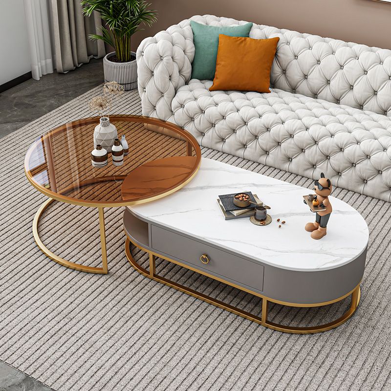 Oval Glass & Slate Coffee Table Set Frame Cocktail Table with Drawers Clearhalo 'Coffee & Accent Tables' 'Coffee Tables' 'coffee_tables' 'furn' 'furn_coffee_tables' 'Furniture' 'Living Room Furniture' 1200x1200_2f1e85a8-f943-4f0d-8613-74e2cbdc3b2d