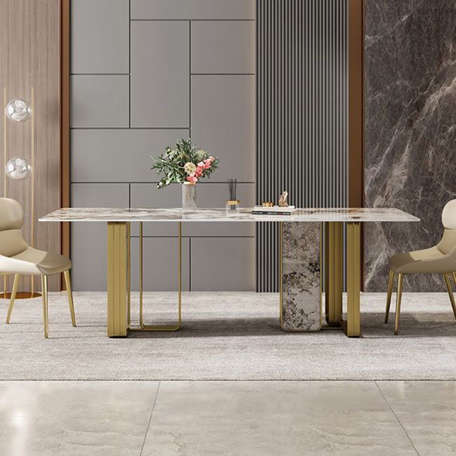 Luxury Sintered Stone Top Dining Table Rectangle Table with Gold Double Pedestal Clearhalo ' dining_table' 'Dining Tables & Seating' 'Dining Tables' 'furn' 'furn_dining_table' 'Furniture' 'furniture_dining_table' 'Kitchen & Dining Furniture' 'kitchen&dining_furn' 'kitchen' 'kitchen_dining_table' 1200x1200_2f2c9bad-1313-4ba0-8598-f33b73cb4775