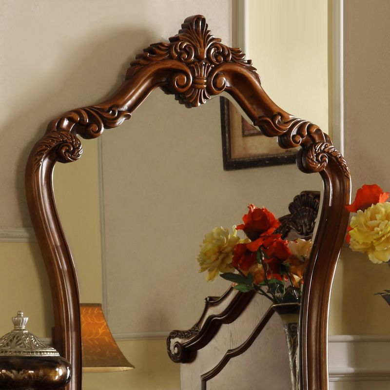 5-Drawer Solid Wood Vanity Makeup Dressing Table with Mirror & Stool in Brown