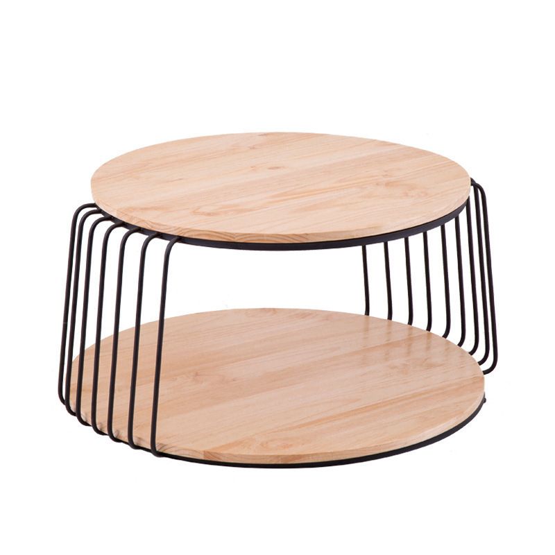 Round Solid Wood Coffee Table Drum Coffee Cocktail Table with Floor Shelf