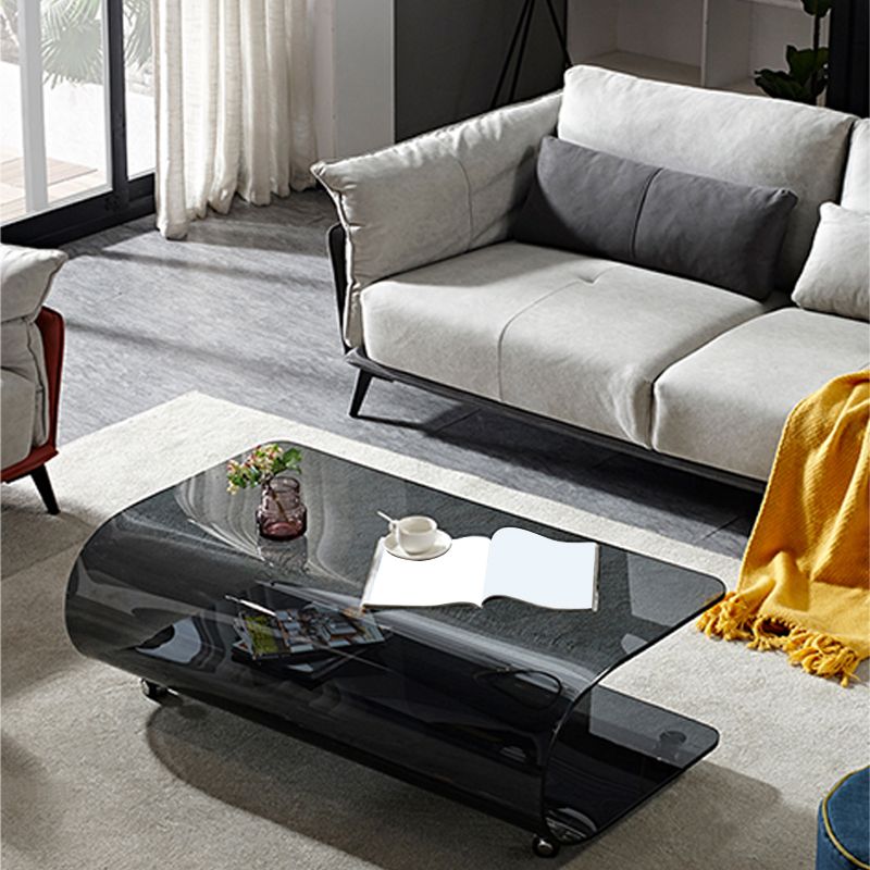 Contemporary Glass Shelf Included Coffee Cocktail Table with Casters Clearhalo 'Coffee & Accent Tables' 'Coffee Tables' 'coffee_tables' 'furn' 'furn_coffee_tables' 'Furniture' 'Living Room Furniture' 1200x1200_2f506e63-35ec-49ec-8567-aab3106daaea