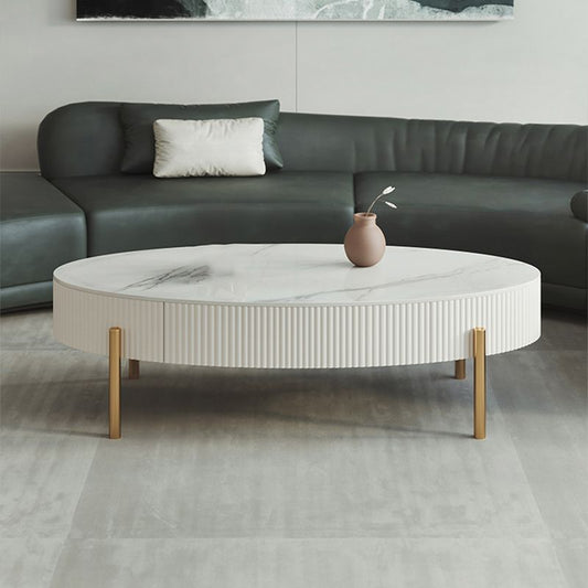 Glam Oval Stone Top Coffee Table with 4 Legs and 1 Storage Drawer