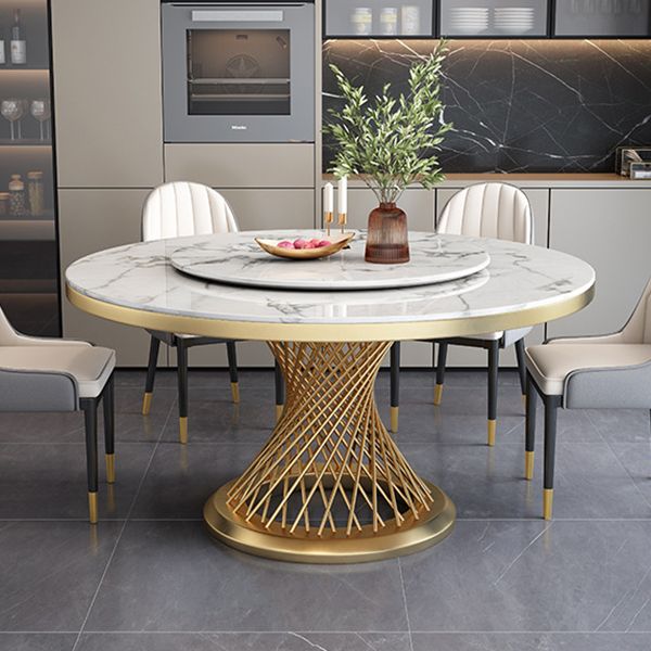 Rotatable Sintered Stone Top Round Table in White Glam Dining Table with Metal Pedestal Clearhalo ' dining_table' 'Dining Tables & Seating' 'Dining Tables' 'furn' 'furn_dining_table' 'Furniture' 'furniture_dining_table' 'Kitchen & Dining Furniture' 'kitchen&dining_furn' 'kitchen' 'kitchen_dining_table' 1200x1200_2f5ec280-08f8-42e6-9abf-619a9b561397