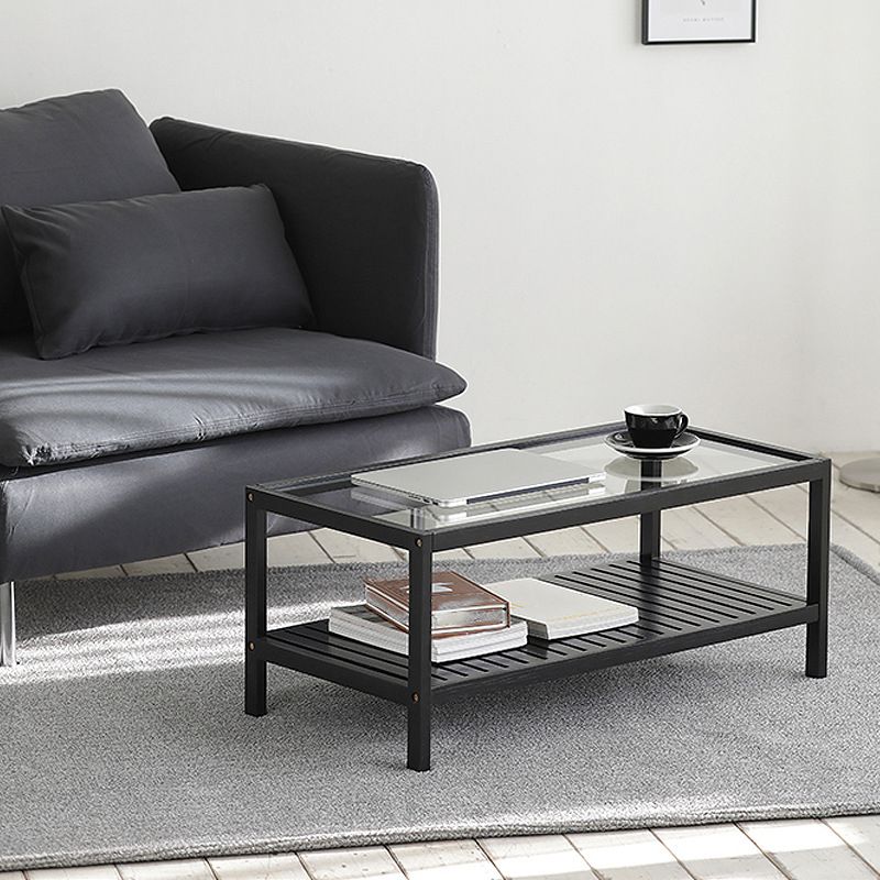 Modern 4 Legs Wood Base Rectangular Acrylic Top Coffee Table with Shelf