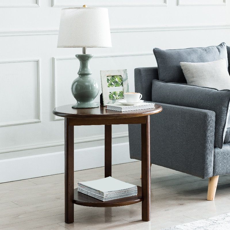 Nordic Style 3 Legs Base Design Round Solid Wood Table with Storage Shelf Side Table