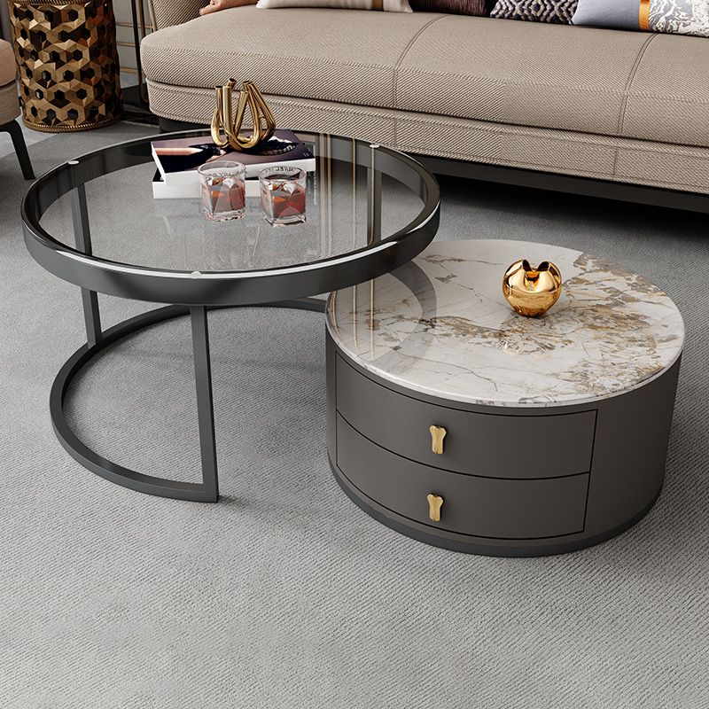No Distressing Stone Coffee Table Frame Round Nesting Coffee Table Set with 2 Drawers Clearhalo 'Coffee & Accent Tables' 'Coffee Tables' 'coffee_tables' 'furn' 'furn_coffee_tables' 'Furniture' 'Living Room Furniture' 1200x1200_30094a4b-10bf-4b1f-a2dc-c6752774c1cb