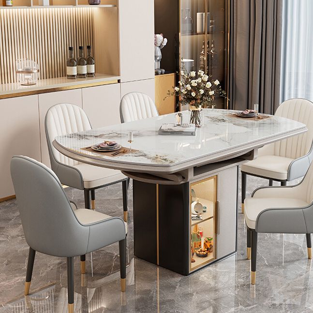 Round Modern Stone Dining Table Extendable for Small Spaces with Storage