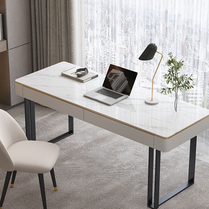 Bureau de traîneau moderne en pierre et bureau d'écriture en métal avec 2 tiroirs de rangement