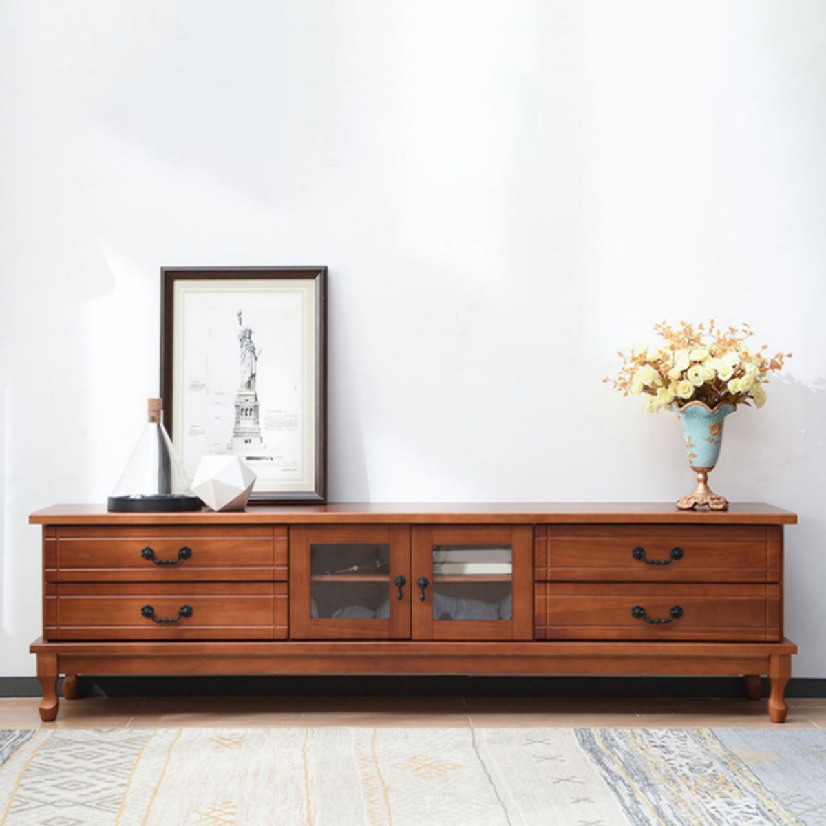 Traditioneel massief houten tv-meubel, 19,7 inch H tv-console met 4 lades en kast