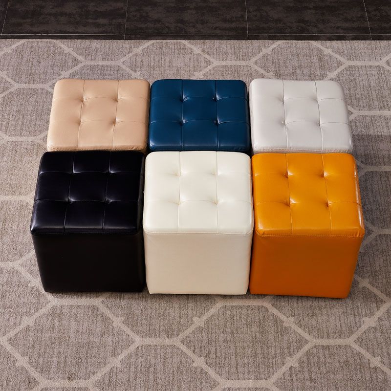 Modern Genuine Leather Ottoman Tufted Detail Square Stool Ottoman