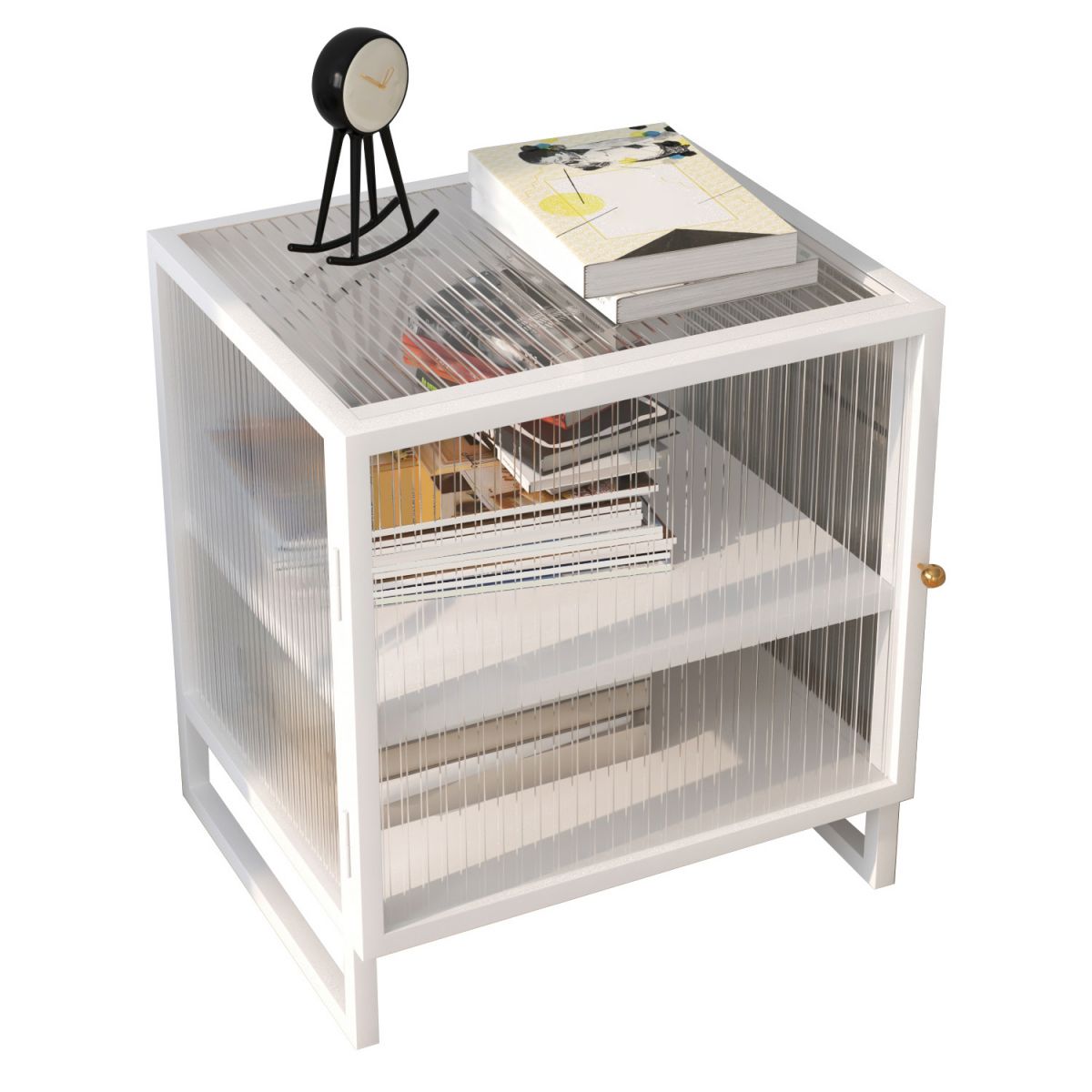 Mesa de nocturna de vidrio nocturno de metal contemporáneo con 1 puerta, 21.7 "de alto