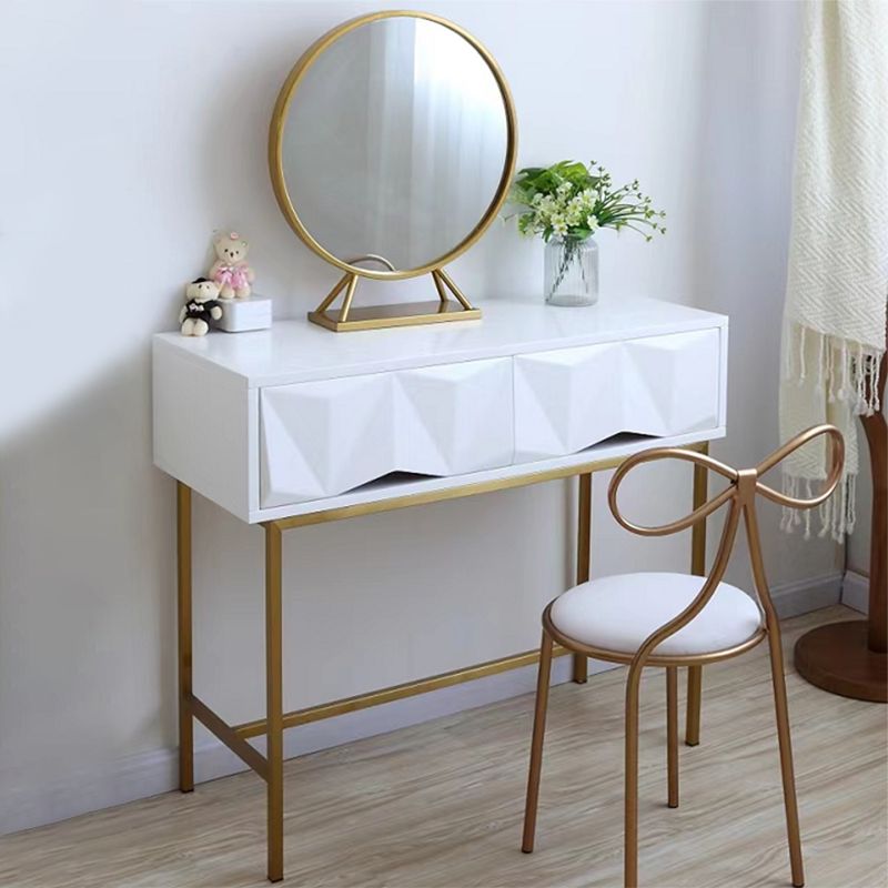 Mesa de tocador de madera/hierro en tocador blanco Glam 31.5 "H con espejo y taburetes